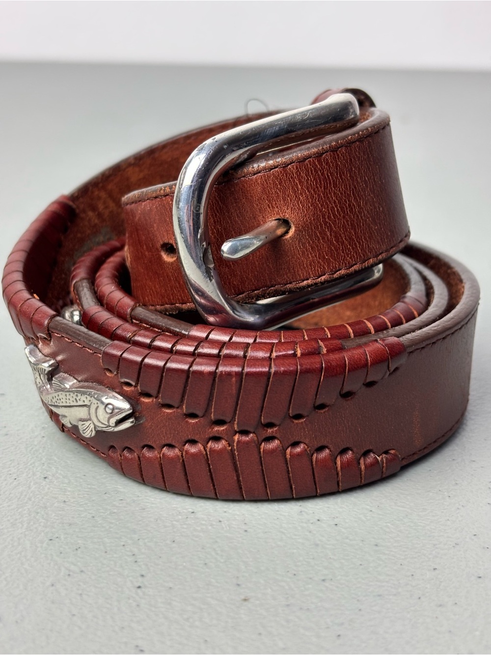 Brighton Men's Brown Leather Belt Fish Accent 36 Dress Office Career